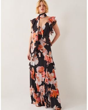 Monsoon Women's Black & Pink Floral Print Carrie Ruffle Chiffon Maxi Dress, Size: 10 - White