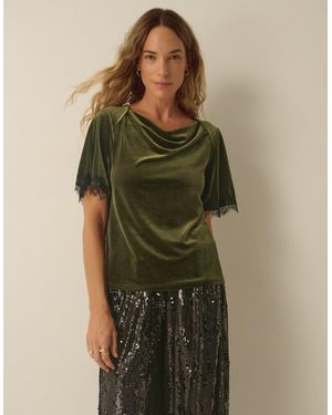 Monsoon Vina Lace Trim Velvet Top Green