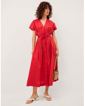 Monsoon Riviera Pleated Tie Waist Midi Dress Red