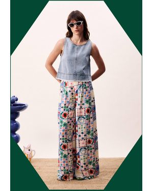 Monsoon Frnch Egeria Tile Print Wide Leg Trousers Multi - Green