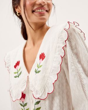 Monsoon Talia Tulip Embroidered Scallop Collar Top White - Blue