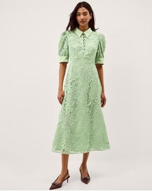 Monsoon Bridget Puff Sleeve Lace Midi Dress Green