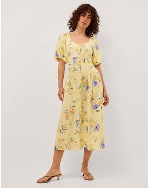 Monsoon Etta Floral Linen Blend Midi Dress Yellow