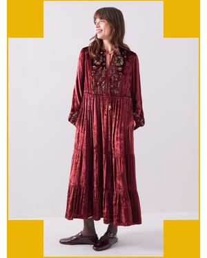 Monsoon East Brogan Sequin Velvet Tiered Maxi Dress Red - Purple