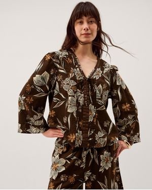 Monsoon Esther Floral Linen Blend Top Brown
