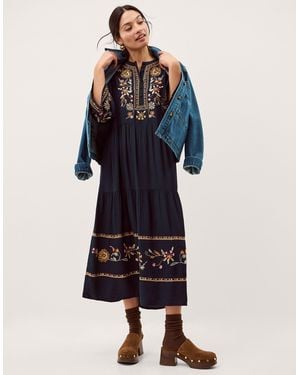 Monsoon Lucie Floral Embroidered Midi Dress Blue