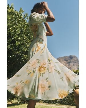 Monsoon Carris V-Neck Short Puff Sleeve Floral Midi Dress - Green