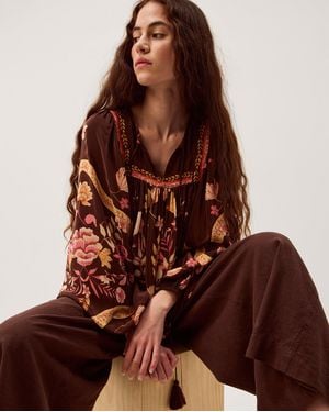 Monsoon Samara Balloon Sleeve Floral Blouse Brown