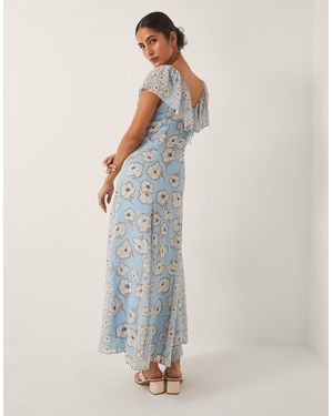 Monsoon Women's Blue & Cream Floral Print Chloe Ruffle Maxi Dress, Size: 8 - White