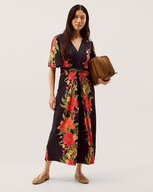 Monsoon Moana Floral Print Jersey Midi Dress Blue - Red