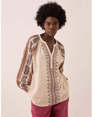 Monsoon East Gabriette Geometric Print Embroidered Top Ivory - Natural