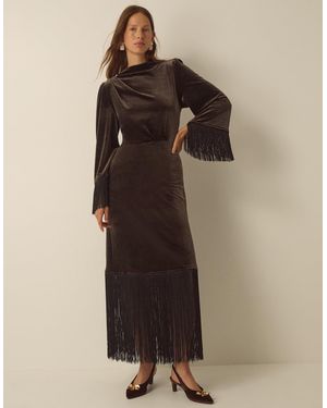Monsoon Tegan Long Sleeve Fringe Velvet Maxi Dress Brown