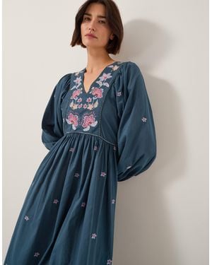 Monsoon Bria Embroidered Long Sleeve Midi Dress Blue