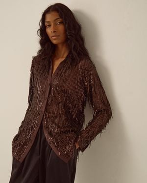 Monsoon Shelby Sequin Fringe Satin Shirt Brown