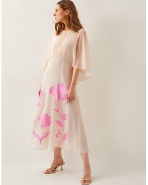 Monsoon Natalie Embroidered Cape Midi Dress Cream - Pink