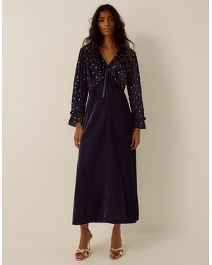 Monsoon Stevie V-neck Foil Polka Dot Velvet Midi Dress Blue