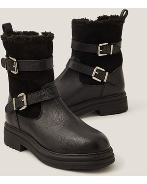 Monsoon Leya Shearling Leather Biker Boots Black