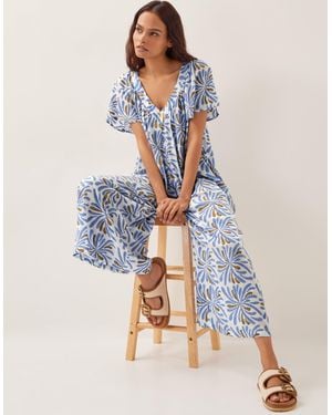 Monsoon Cece Woodblock Wide-leg Jumpsuit Blue