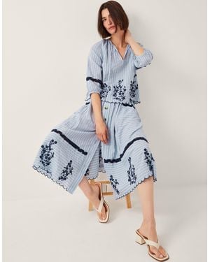 Monsoon Cara Embroidered Stripe Midi Skirt Blue