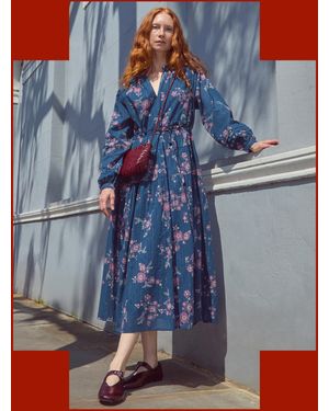 Monsoon East Layla Floral Long Sleeve Midi Dress Blue