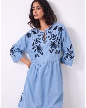 Monsoon East Andie Embroidered Denim Mini Dress Blue