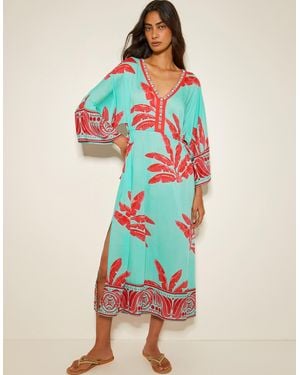 Monsoon Pamela Palm Print Kaftan Dress Green - Red