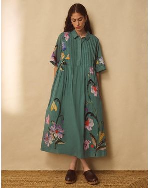 Monsoon East Rihan Watercolour Floral Midi Shirt Dress Green