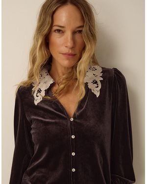 Monsoon Leith Lace Collar Velvet Shirt Brown - Black