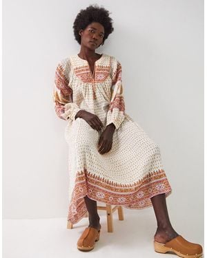 Monsoon East Tilly Hand-block Print Midi Smock Dress Yellow - Pink