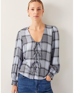 Monsoon Ava Tie-front Check Blouse Blue - Grey