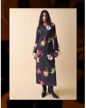 Monsoon Clemence Women's Black & Pink Cotton Floral Print Camille Jacquard Midi Dress, Size: S - Blue