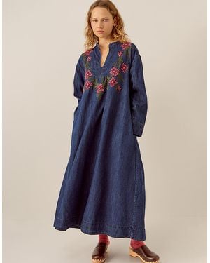 Monsoon East Reyna Denim Embroidered Dress Blue
