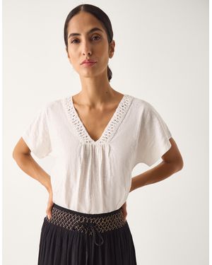 Monsoon Amaya Crochet V-Neck T-Shirt - Natural