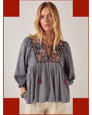 Monsoon Maison Hotel April Embroidered Gingham Blouse Blue - White