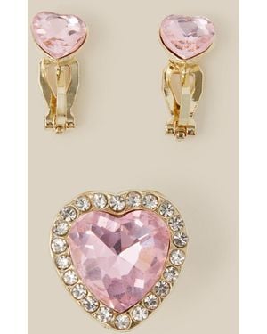 Monsoon Jewel Heart Clip-on Earrings & Ring Set - Natural