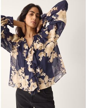 Monsoon Sasha Floral Print Ruffle Blouse Blue