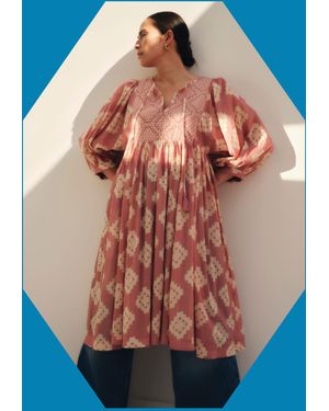 Monsoon East Kaira Geometric Midi Smock Dress Pink - Blue
