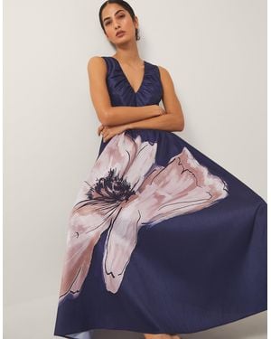 Monsoon Women's Navy Blue & Pink Floral Print Sylvia V-neck Midi Dress, Size: 18