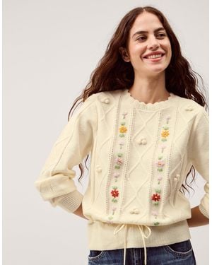 Monsoon Elsie Floral Embroidered Cable Knit Jumper Ivory - Natural