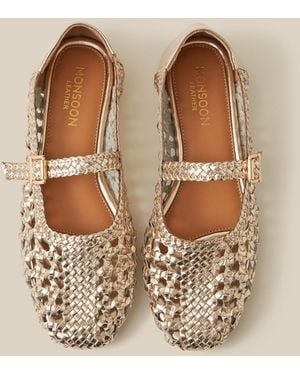 Monsoon Bessy Woven Leather Mary Jane Ballet Flats Silver - Brown