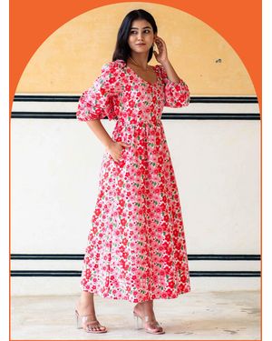Monsoon India & Mills Lottie Poppy Print Midi Dress Pink