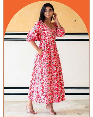Monsoon India & Mills Lottie Poppy Print Midi Dress Pink