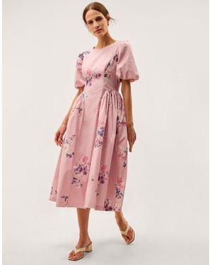 Monsoon Women's Pink & Purple Cotton Floral Print Amber Puff Sleeve Midi Dress, Size: 24