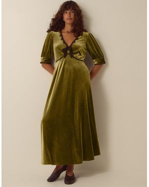 Monsoon Vera V-neck Velvet Midi Dress Green