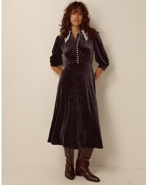 Monsoon Women's Dark Brown Lace Collar Leith Velvet Midi Dress, Size: M - Natural