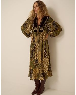 Monsoon Laoise Floral Patchwork Midi Dress Green - Natural