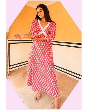 Monsoon India & Mills Harriet Floral Midi Dress Red - Orange