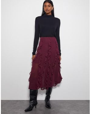 Monsoon Riley Ruffle Midi Skirt Red - Purple