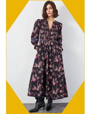 Monsoon East Madison Long Sleeve Floral Midi Dress Black - Purple