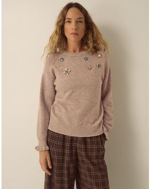 Monsoon Britt Brooch Crew Neck Jumper Mink - Brown